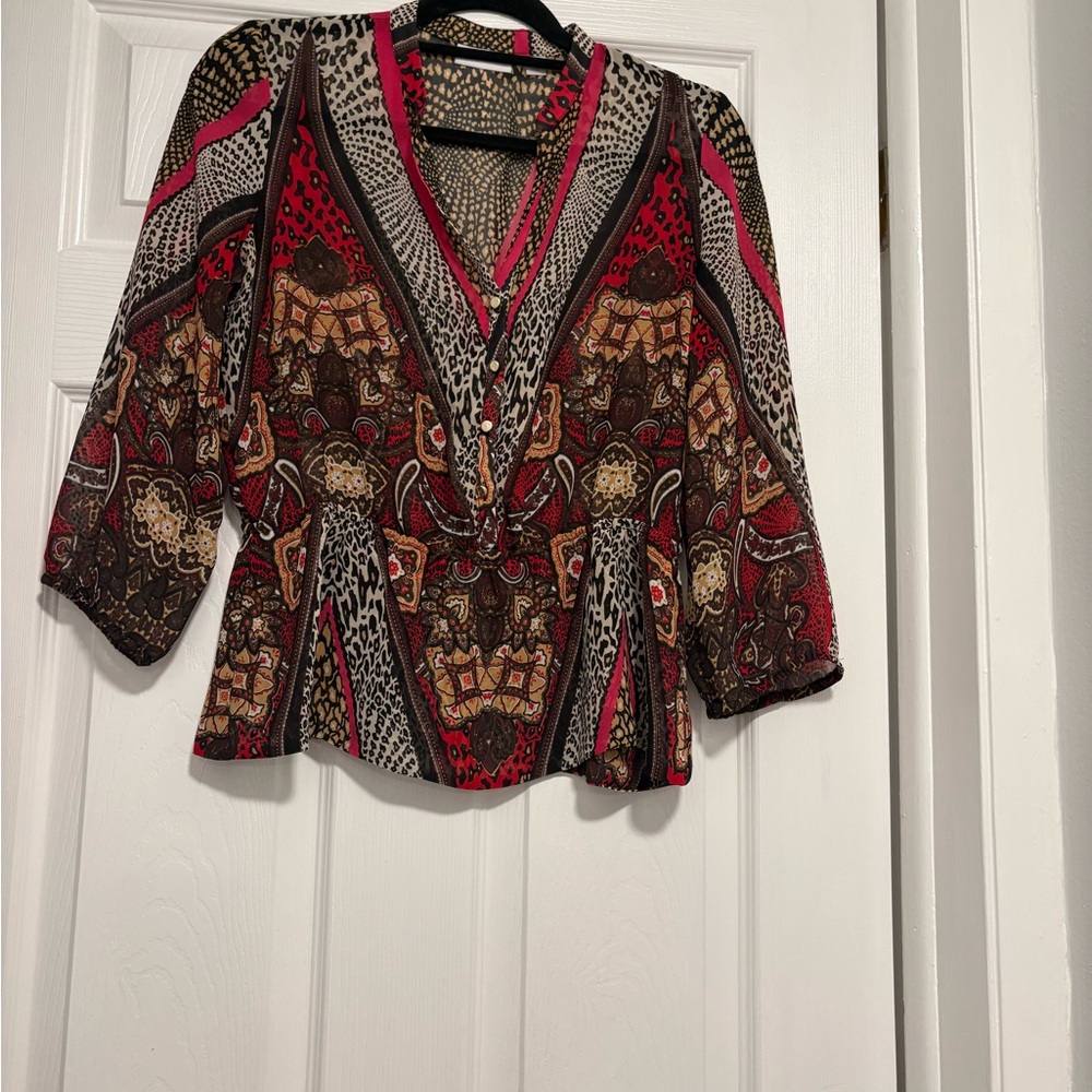 New York & Company Red and Black Patterned Blouse